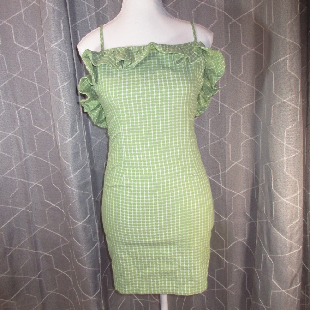 Altar’d State Worn once Green Gingham Ruffle Dress